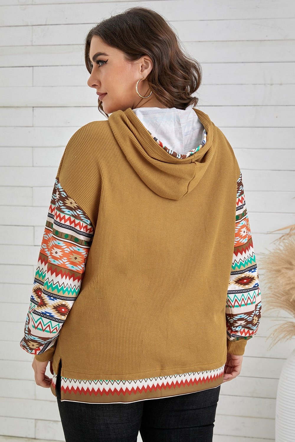 Plus Size Printed Side Slit Waffle-Knit Hoodie - Sweatshirts & Hoodies - FITGGINS