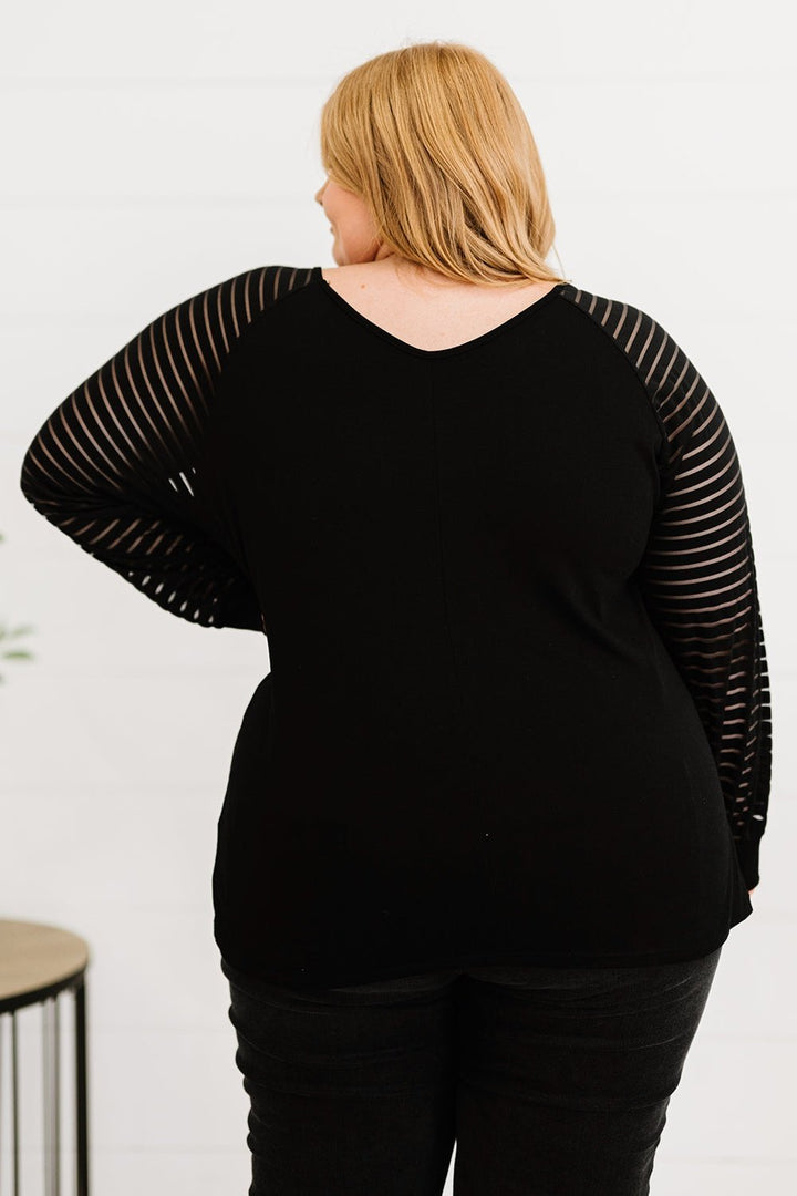 Plus Size Sheer Striped Sleeve V-Neck Top - T-Shirts - FITGGINS