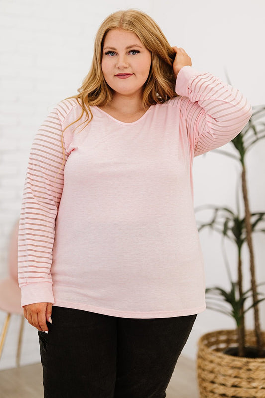 Plus Size Sheer Striped Sleeve V-Neck Top Pink Fitggins