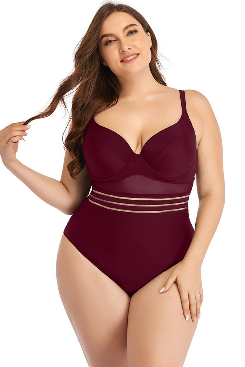Plus Size Spliced Mesh Tie-Back One-Piece Swimsuit - Swimwear One-Pieces - FITGGINS