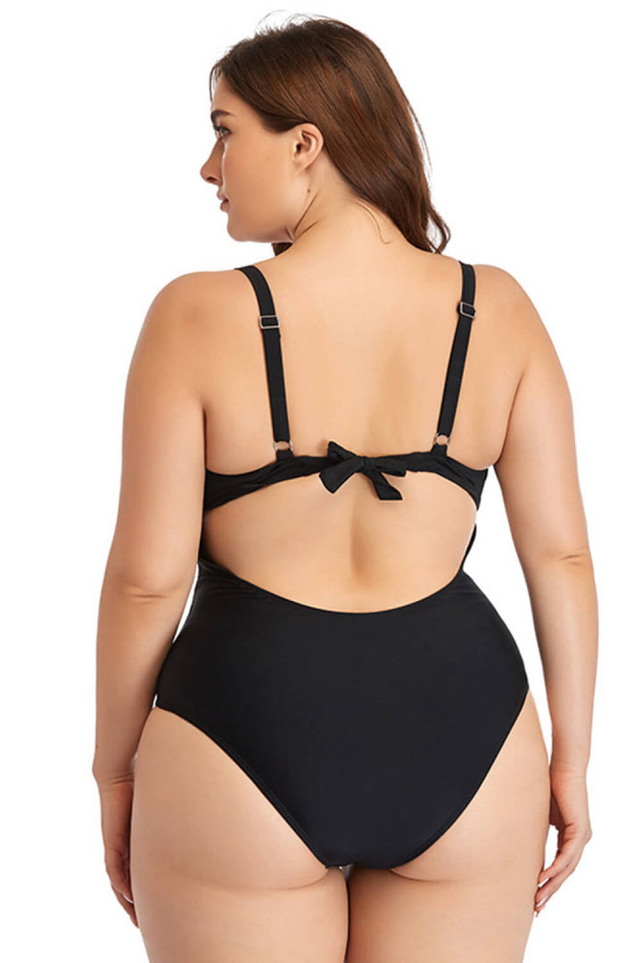 Plus Size Spliced Mesh Tie-Back One-Piece Swimsuit - Swimwear One-Pieces - FITGGINS