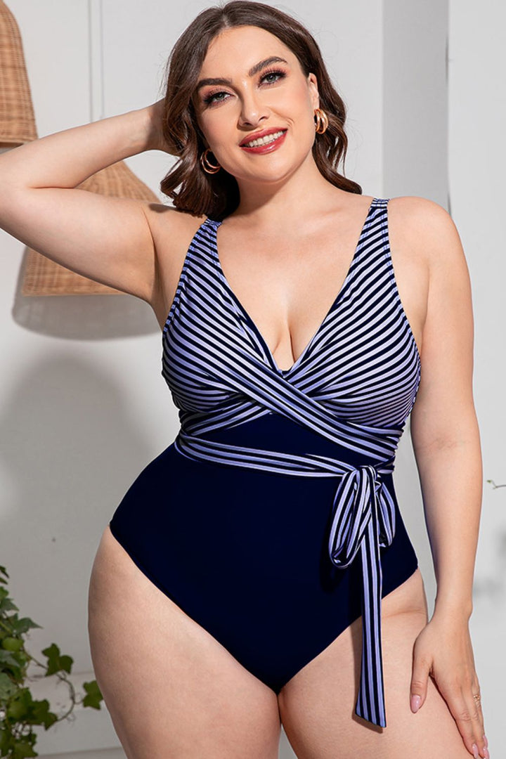 Plus Size Striped Tie-Waist One-Piece Swimsuit - Swimwear One-Pieces - FITGGINS
