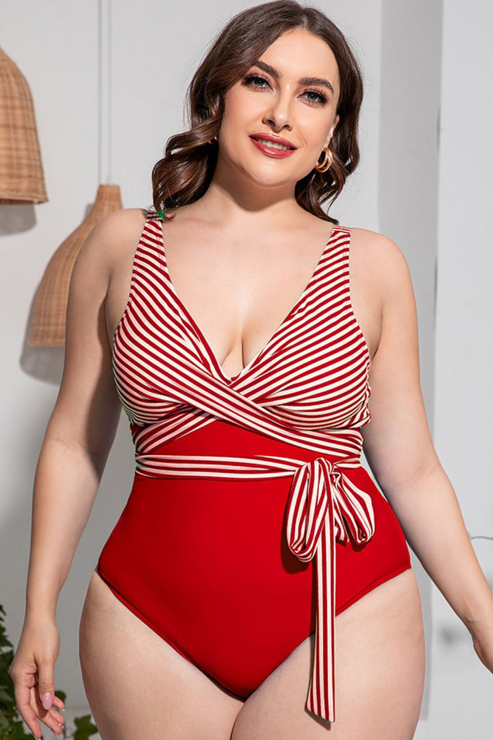 Plus Size Striped Tie-Waist One-Piece Swimsuit - Swimwear One-Pieces - FITGGINS