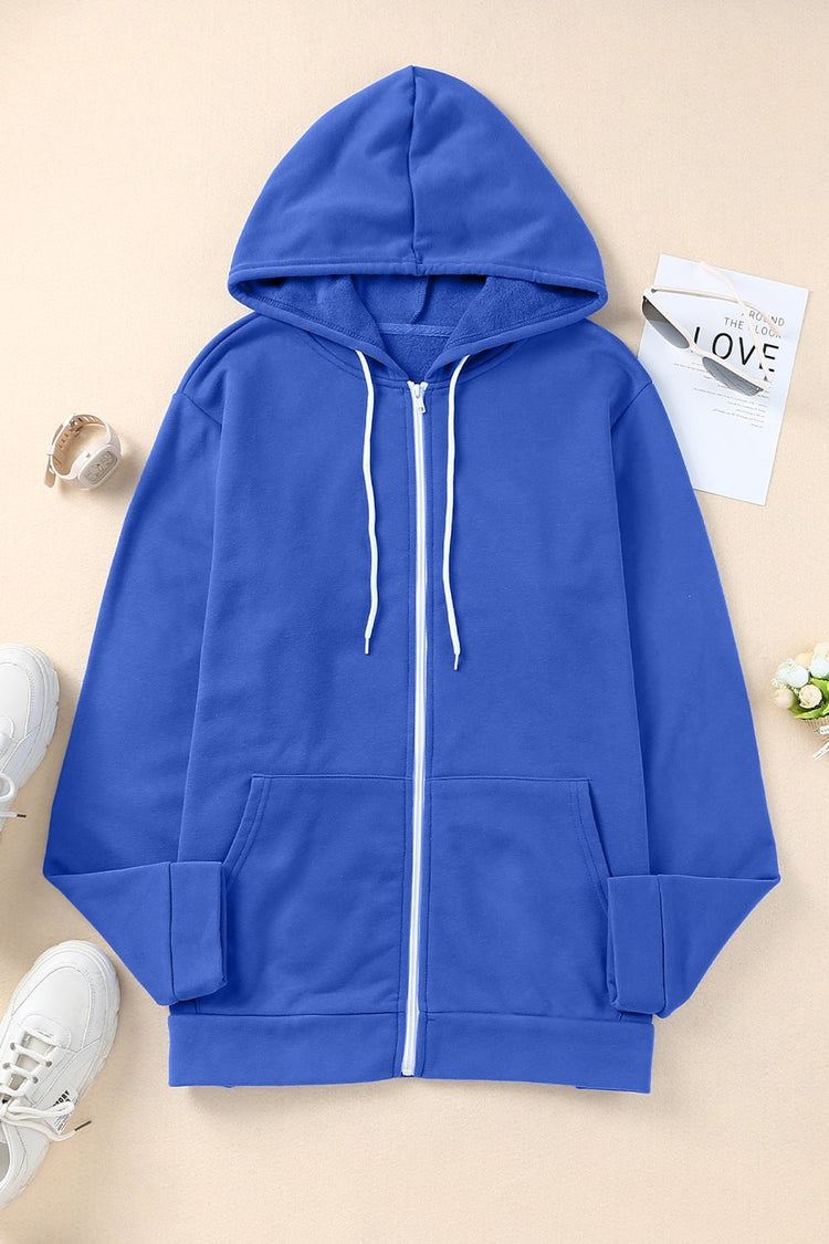 Plus Size Zip Up Hooded Jacket with Pocket - Jackets - FITGGINS