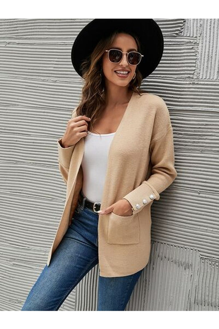 Pocketed Decorative Button Dropped Shoulder Cardigan - Cardigans - FITGGINS