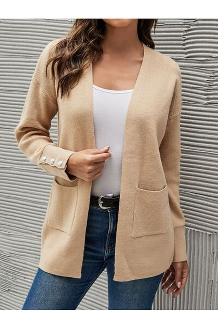 Pocketed Decorative Button Dropped Shoulder Cardigan - Cardigans - FITGGINS