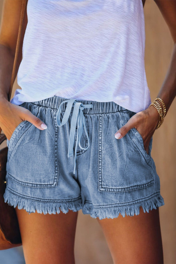 Pocketed Frayed Denim Shorts - Denim Shorts - FITGGINS