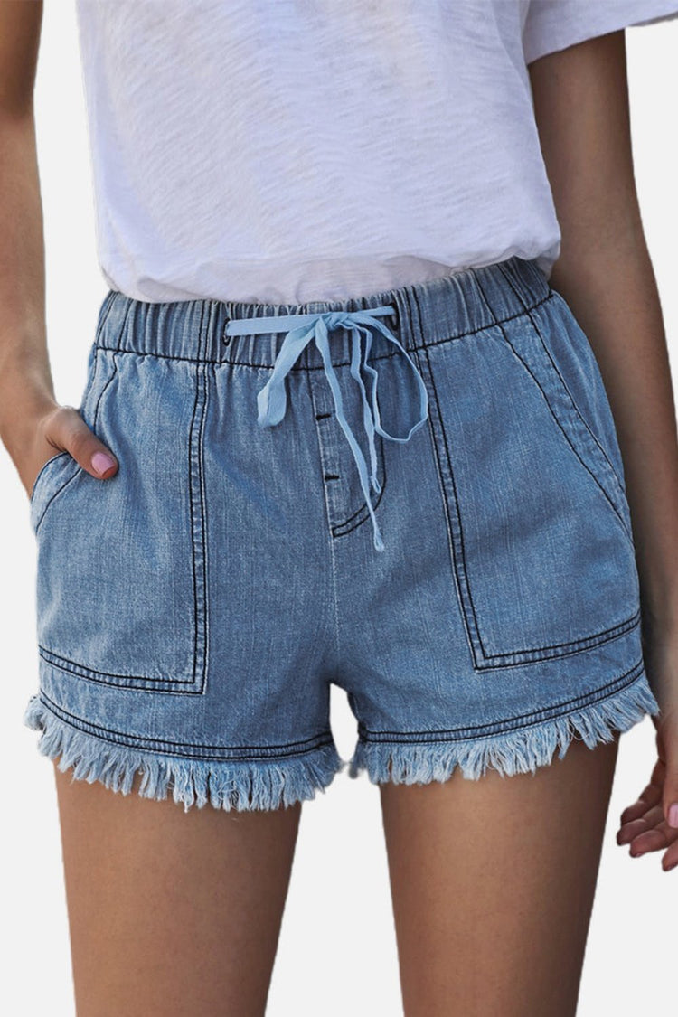 Pocketed Frayed Denim Shorts - Denim Shorts - FITGGINS