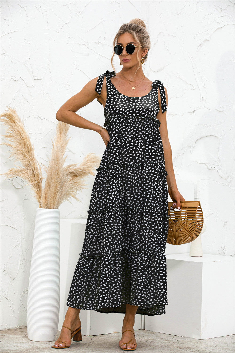 Polka Dot Adjustable Straps Tiered Dress - Casual & Maxi Dresses - FITGGINS