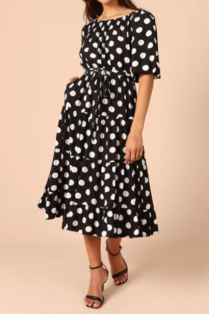 Polka Dot Tie Waist Midi Dress - Casual & Maxi Dresses - FITGGINS