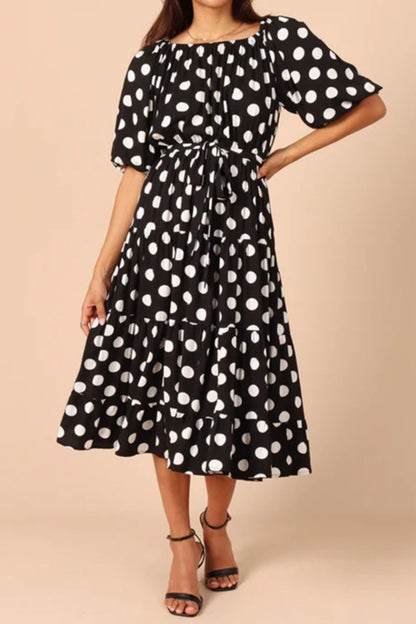 Polka Dot Tie Waist Midi Dress - Casual & Maxi Dresses - FITGGINS