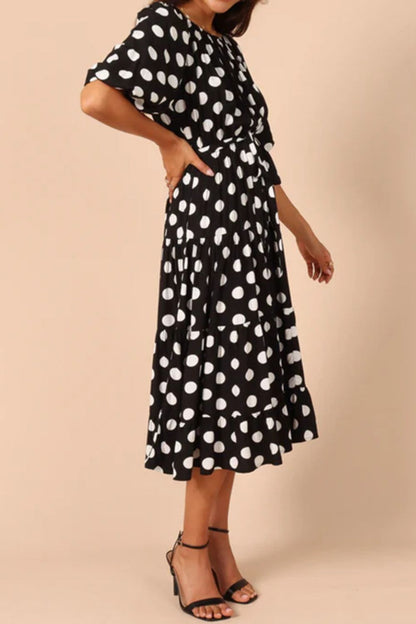 Polka Dot Tie Waist Midi Dress - Casual & Maxi Dresses - FITGGINS