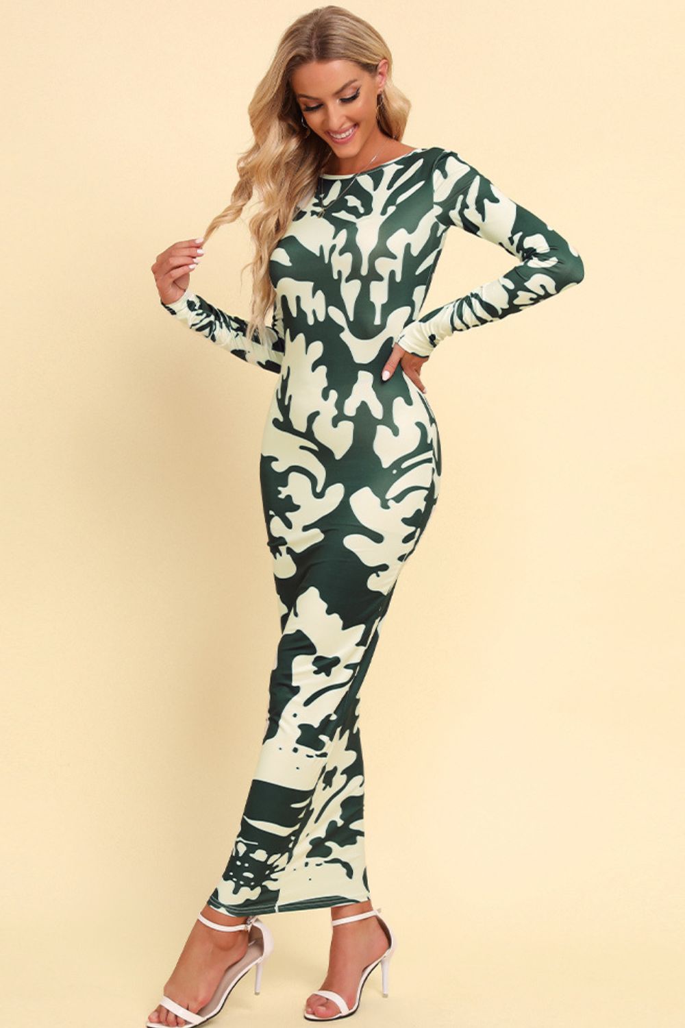 Printed Backless Long Sleeve Maxi Dress - Casual & Maxi Dresses - FITGGINS