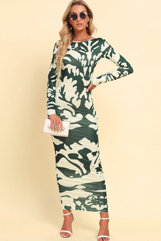 Printed Backless Long Sleeve Maxi Dress - Casual & Maxi Dresses - FITGGINS