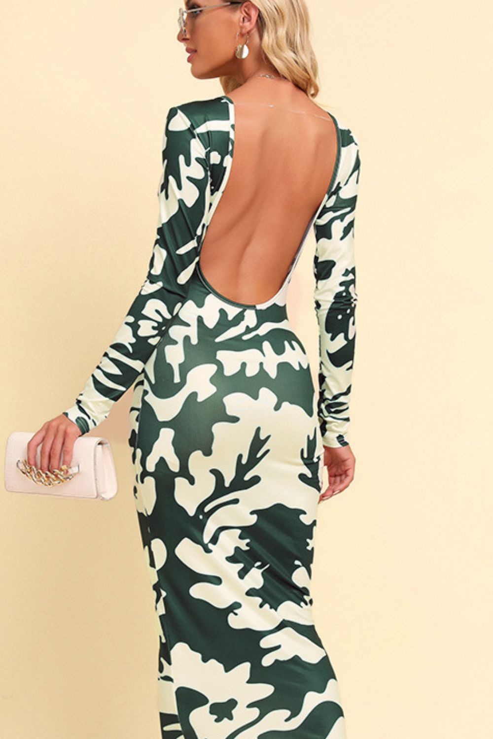 Printed Backless Long Sleeve Maxi Dress - Casual & Maxi Dresses - FITGGINS