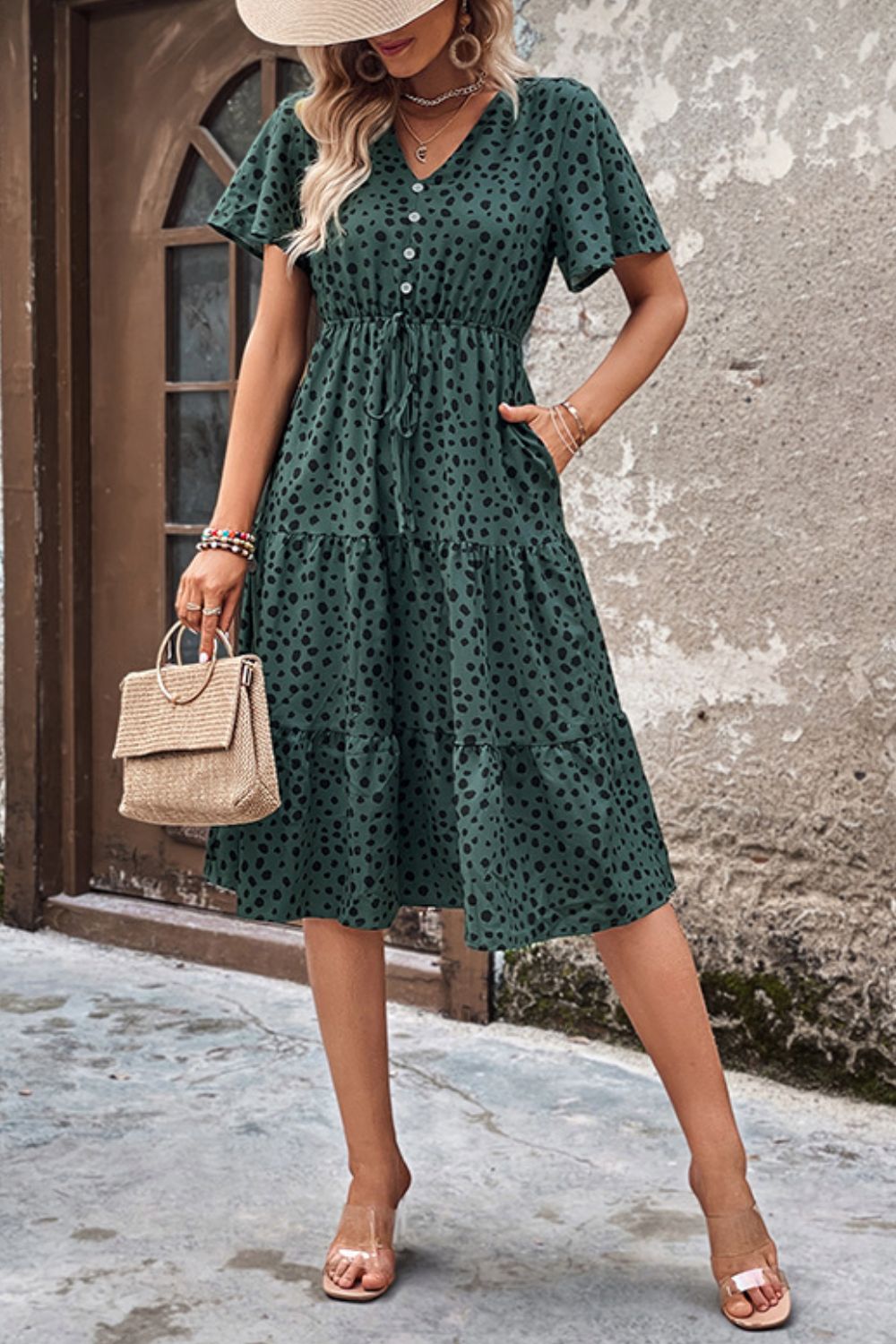 Printed Buttoned V-Neck Flutter Sleeve Dress - Casual & Maxi Dresses - FITGGINS