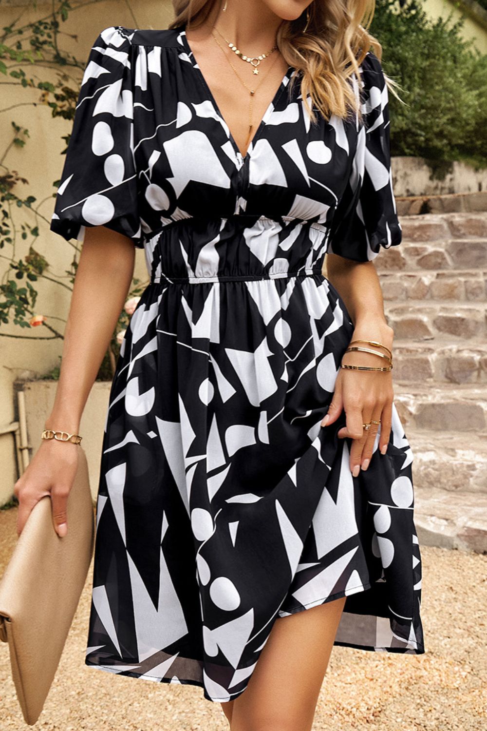 Printed Deep V Puff Sleeve Dress - Casual & Maxi Dresses - FITGGINS