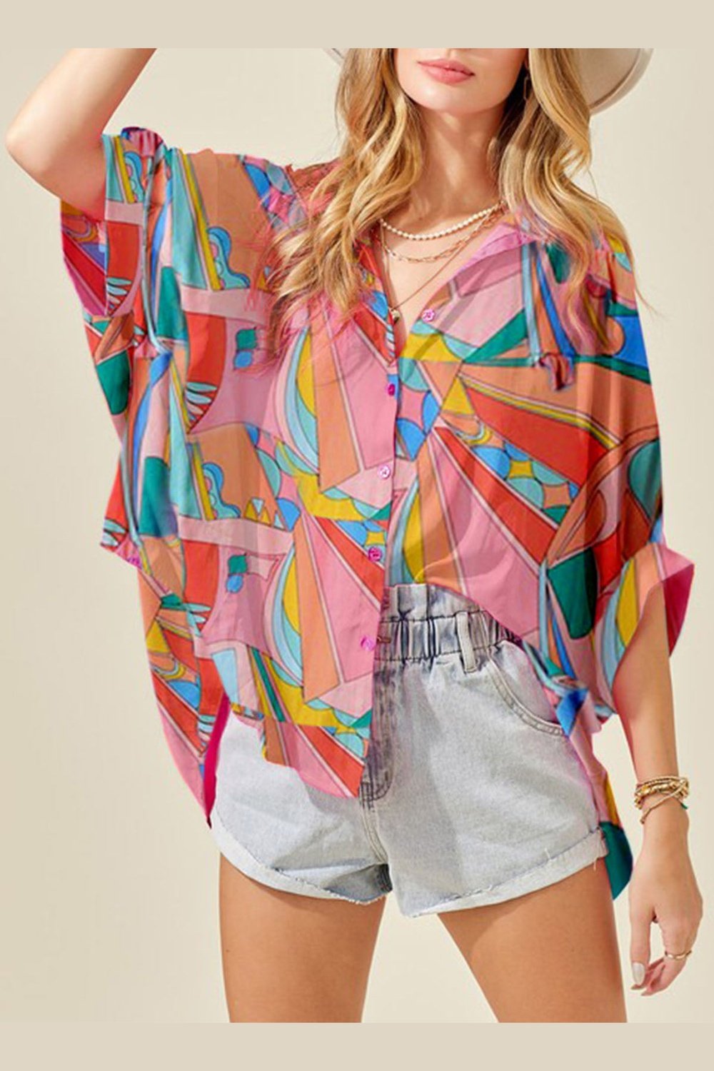 Printed Dolman Sleeve Collared Shirt - Shirts - FITGGINS