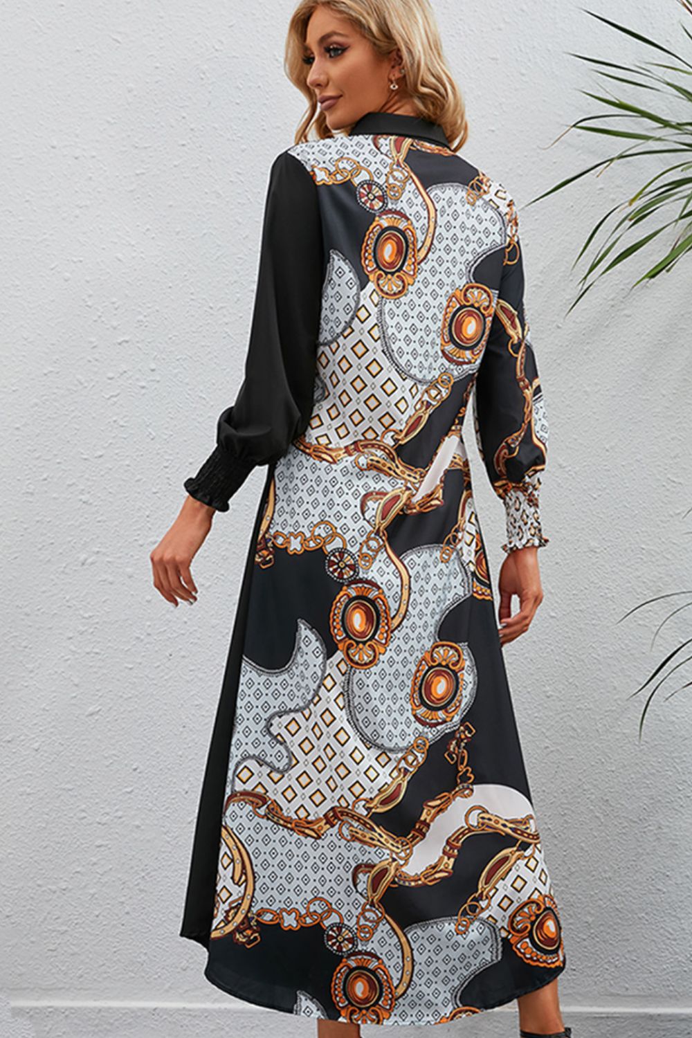 Printed Long Sleeve Collared Dress - Casual & Maxi Dresses - FITGGINS