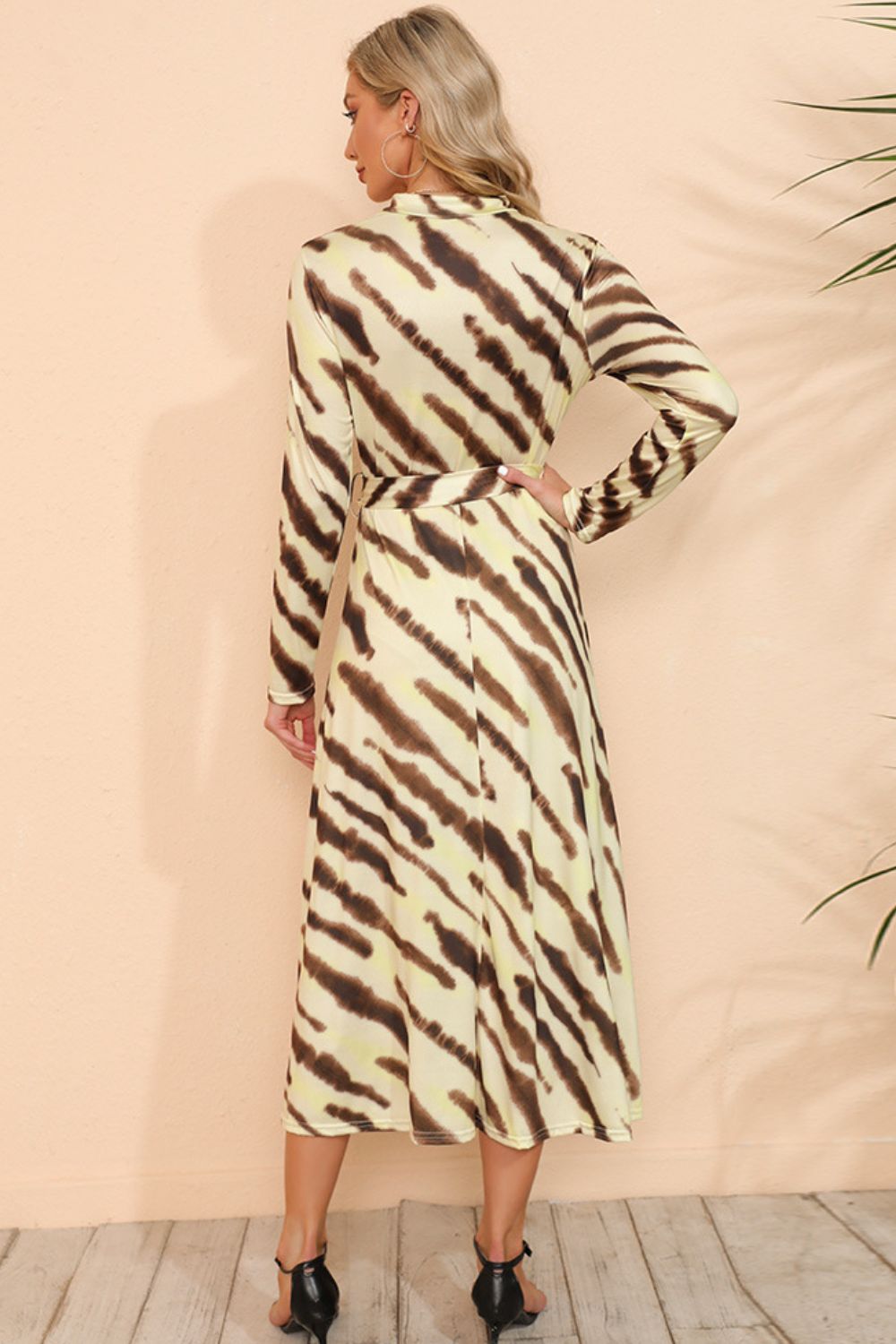 Printed Mock Neck Long Sleeve Slit Dress - Casual & Maxi Dresses - FITGGINS