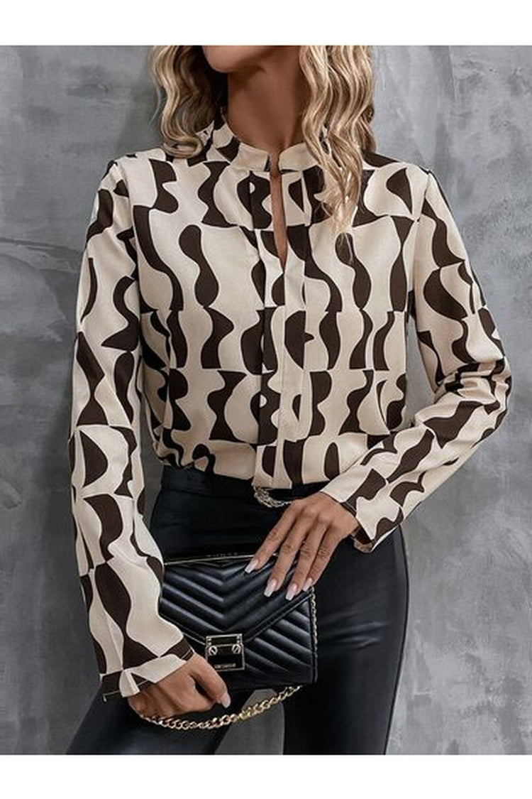 Printed Notched Long Sleeve Blouse - Blouses - FITGGINS