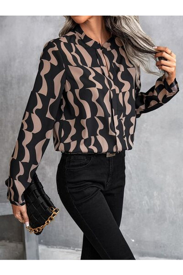 Printed Notched Long Sleeve Blouse - Blouses - FITGGINS