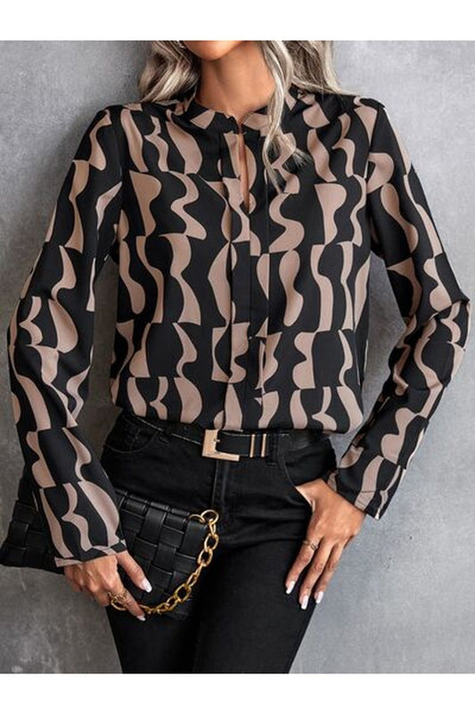 Printed Notched Long Sleeve Blouse - Blouses - FITGGINS