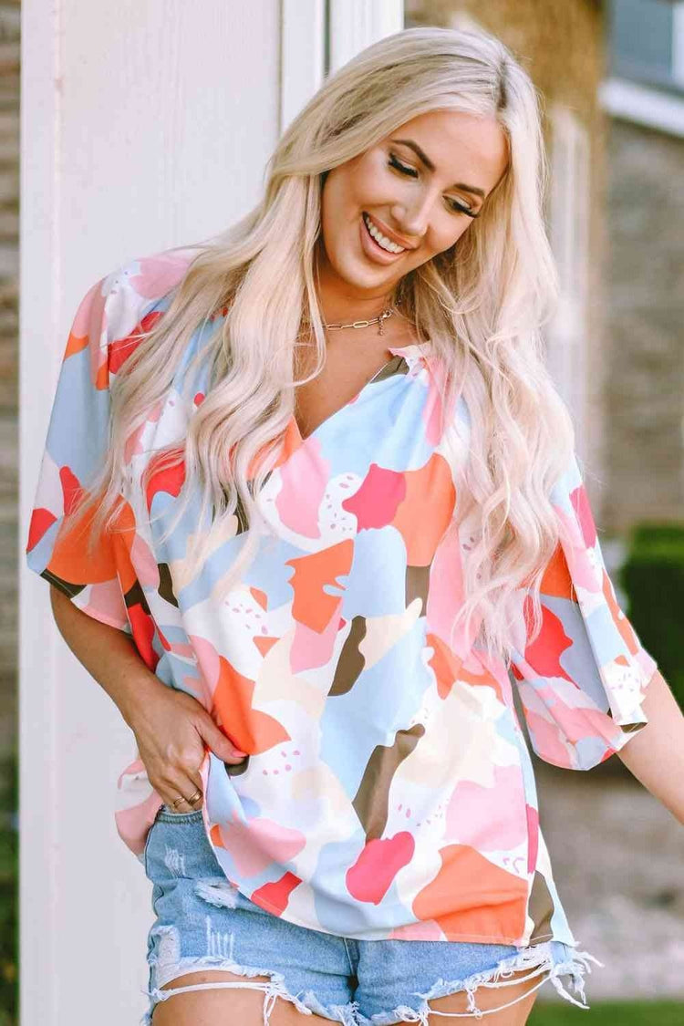 Printed Notched Neck Half Sleeve Blouse - Blouses - FITGGINS