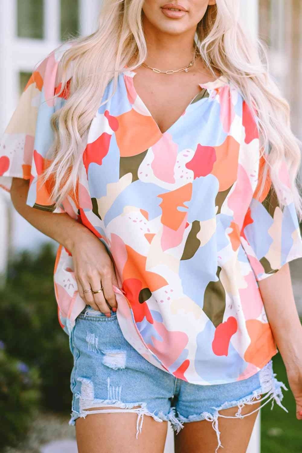 Printed Notched Neck Half Sleeve Blouse - Blouses - FITGGINS