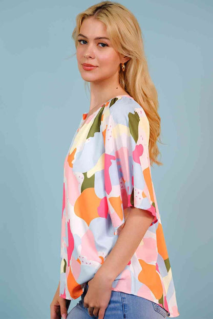 Printed Notched Neck Half Sleeve Blouse - Blouses - FITGGINS