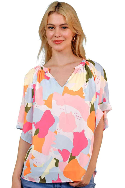 Printed Notched Neck Half Sleeve Blouse - Blouses - FITGGINS