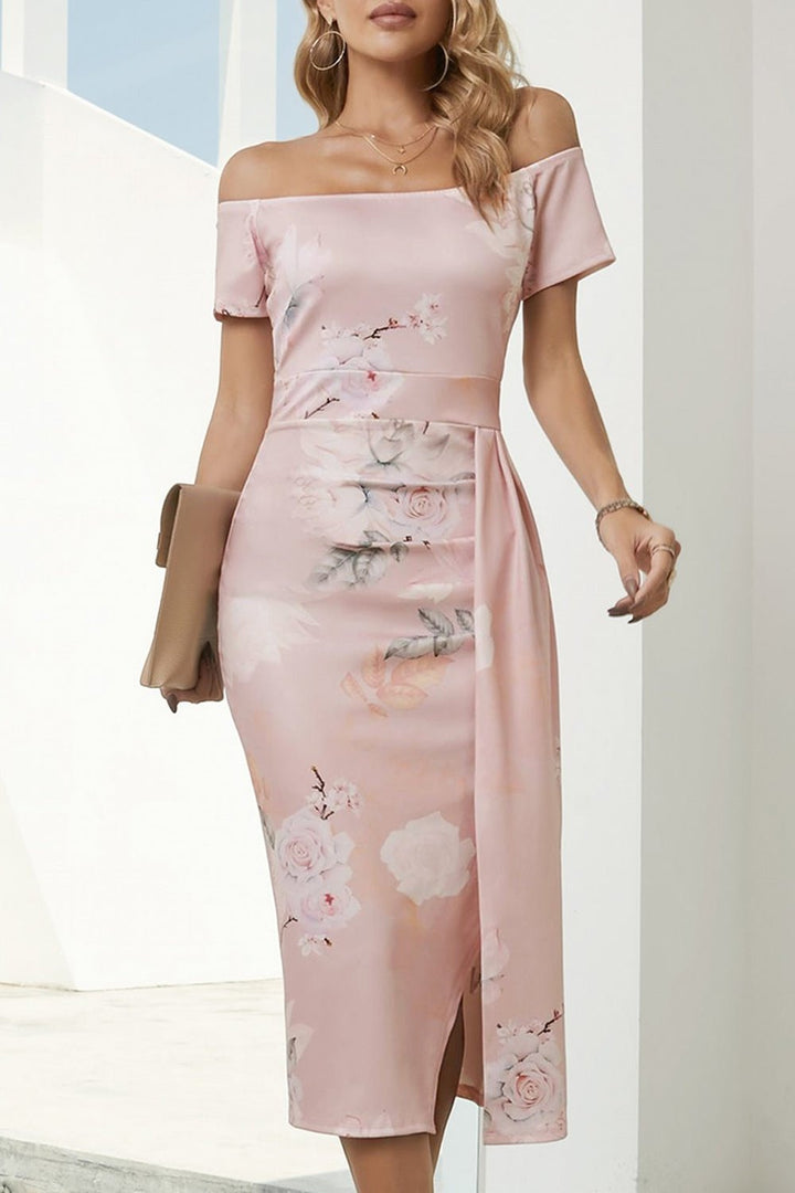 Printed Off-Shoulder Slit Midi Dress - Casual & Maxi Dresses - FITGGINS