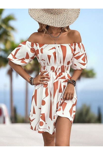 Printed Off-Shoulder Smocked Waist Dress - Casual & Maxi Dresses - FITGGINS