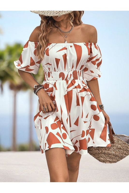 Printed Off-Shoulder Smocked Waist Dress - Casual & Maxi Dresses - FITGGINS