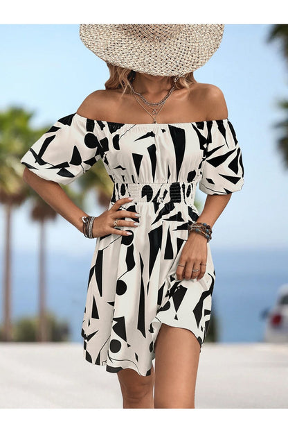 Printed Off-Shoulder Smocked Waist Dress - Casual & Maxi Dresses - FITGGINS