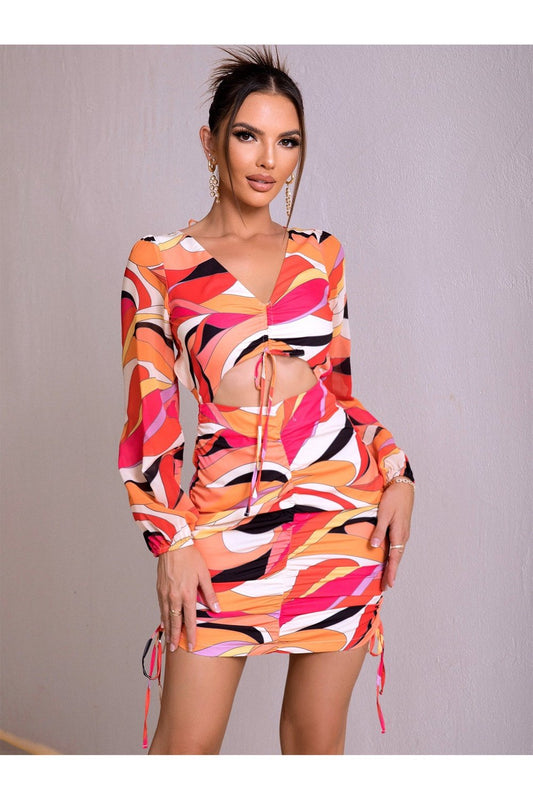 Printed Open Back Cutout Drawstring Mini Dress - Cocktail Dresses - FITGGINS