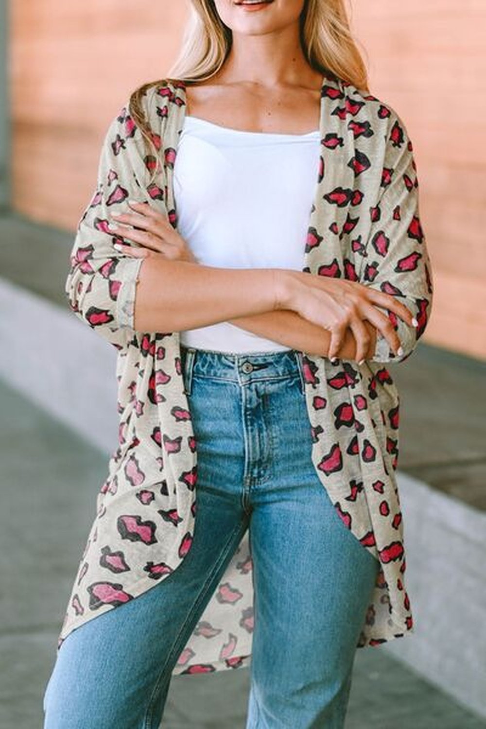 Printed Open Front Half Sleeve Cardigan - Cardigans - FITGGINS