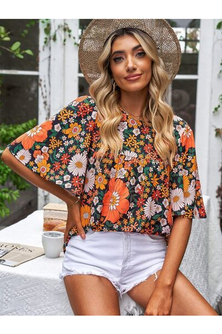 Printed Round Neck Half Sleeve Blouse - Blouses - FITGGINS