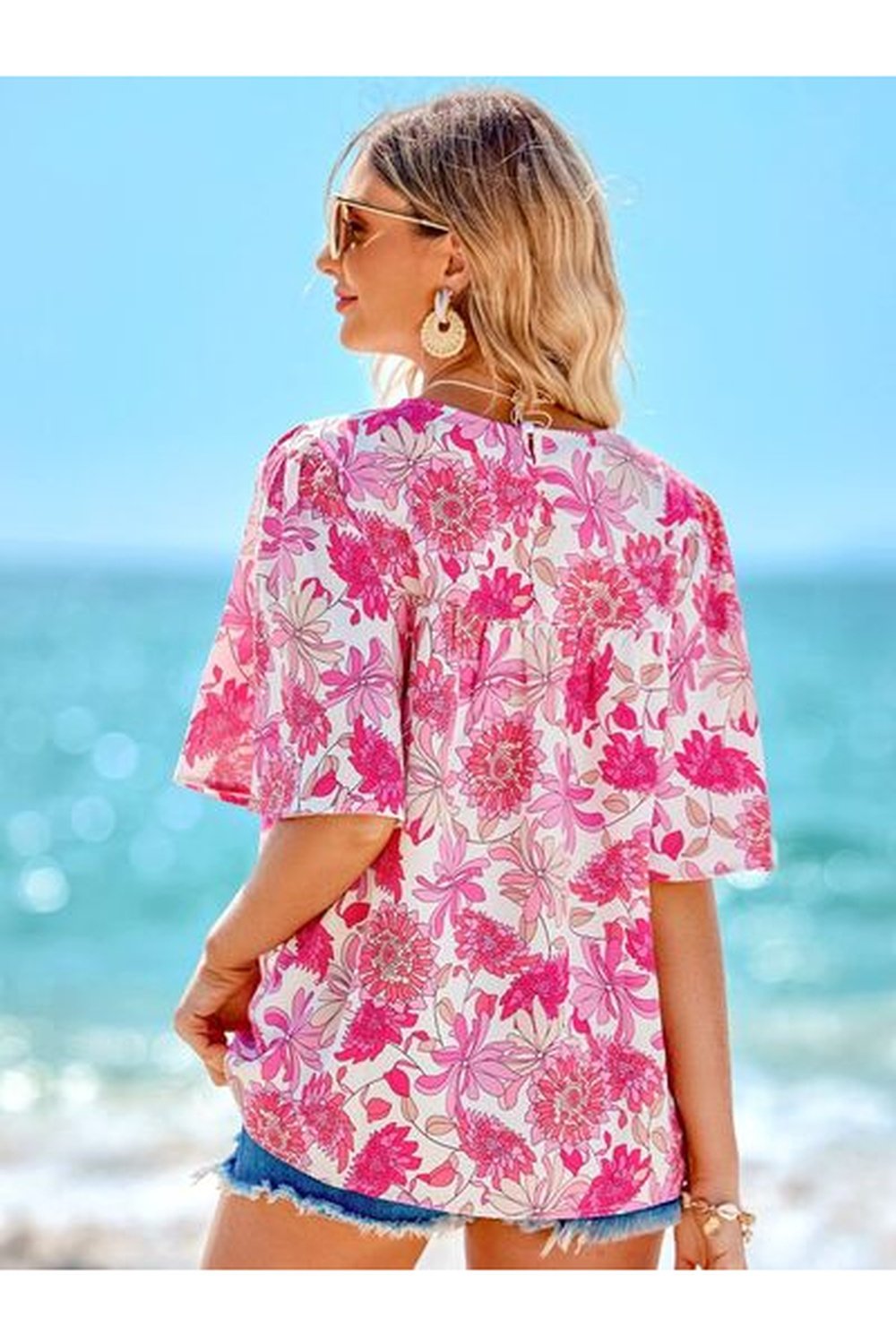 Printed Round Neck Half Sleeve Blouse - Blouses - FITGGINS