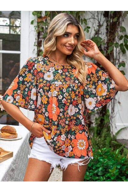 Printed Round Neck Half Sleeve Blouse - Blouses - FITGGINS