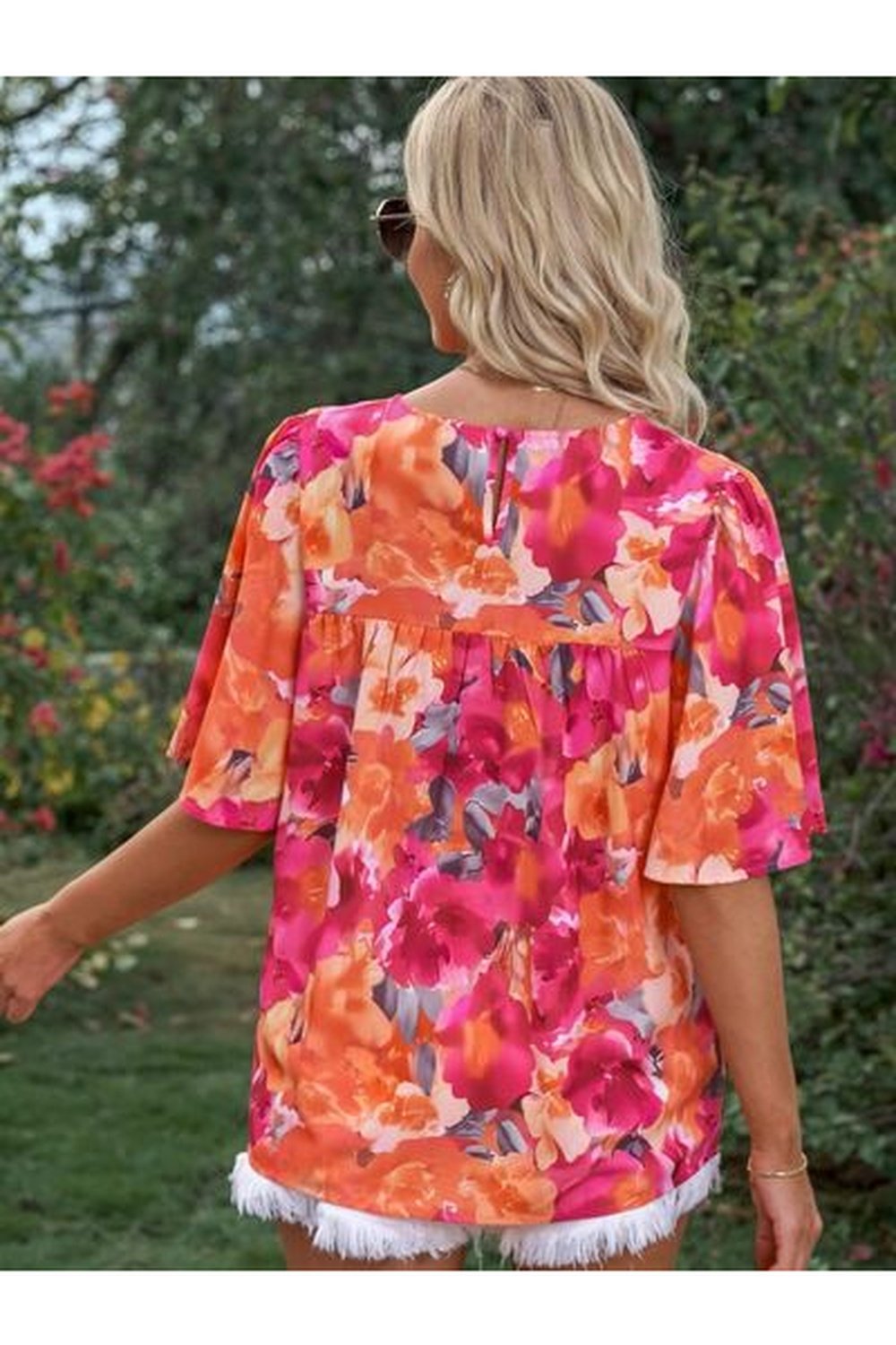 Printed Round Neck Half Sleeve Blouse - Blouses - FITGGINS