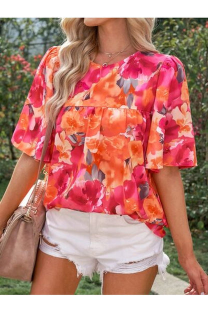 Printed Round Neck Half Sleeve Blouse - Blouses - FITGGINS