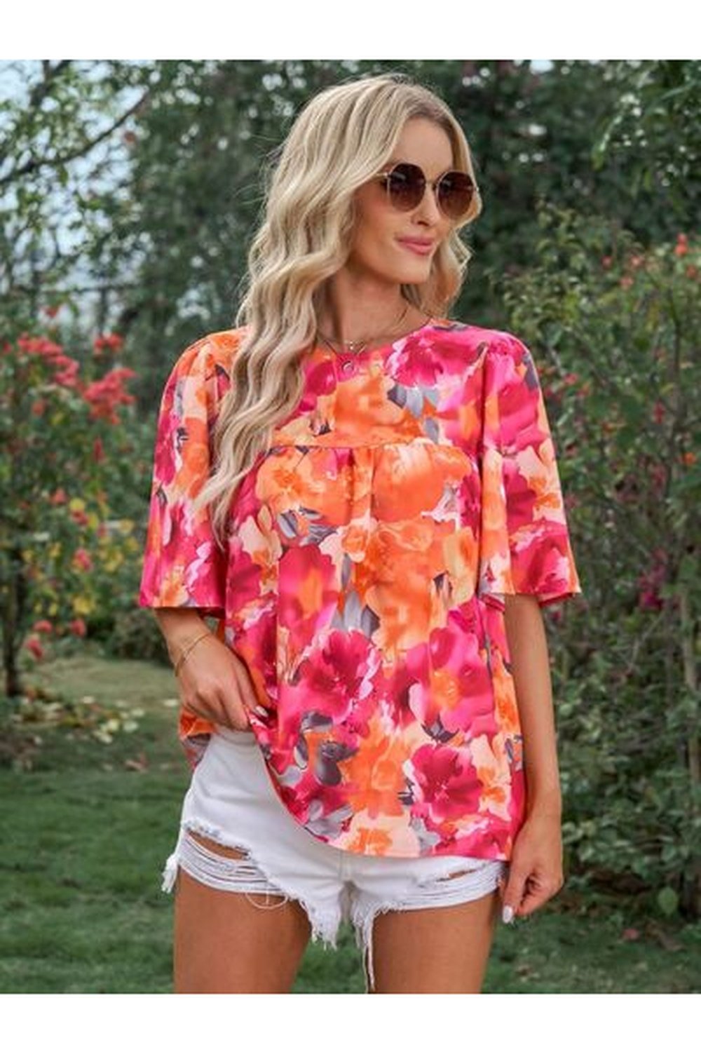 Printed Round Neck Half Sleeve Blouse - Blouses - FITGGINS