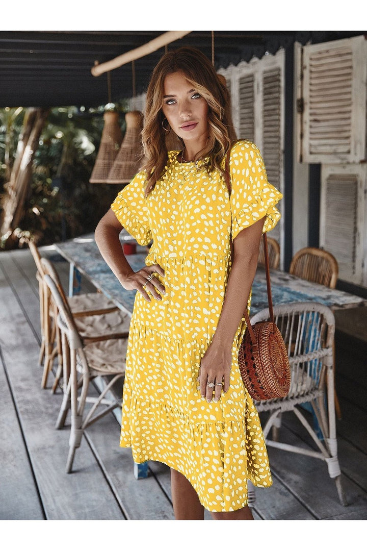 Printed Round Neck Tiered Dress - Casual & Maxi Dresses - FITGGINS