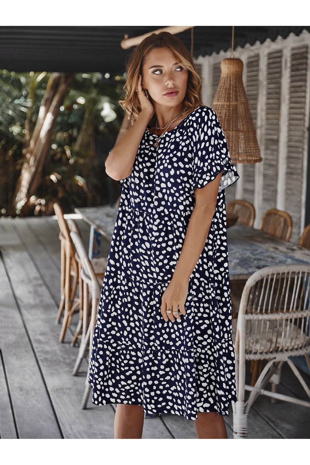 Printed Round Neck Tiered Dress - Casual & Maxi Dresses - FITGGINS