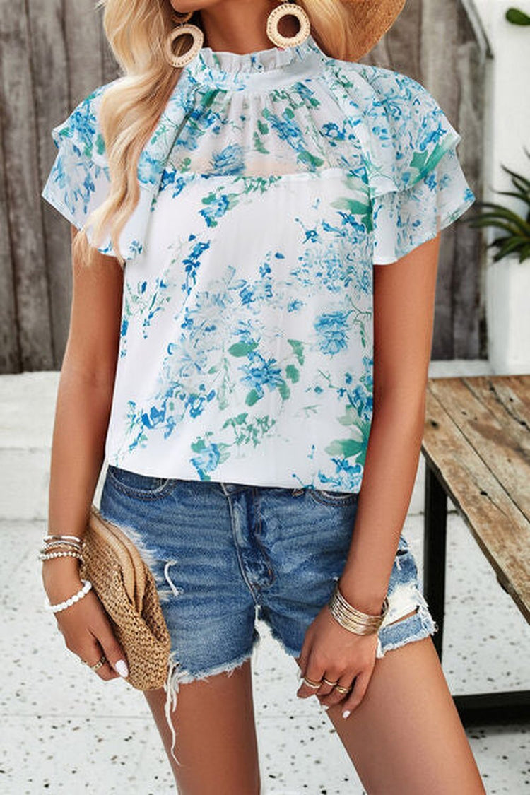 Printed Ruffled Mock Neck Blouse - Blouses - FITGGINS