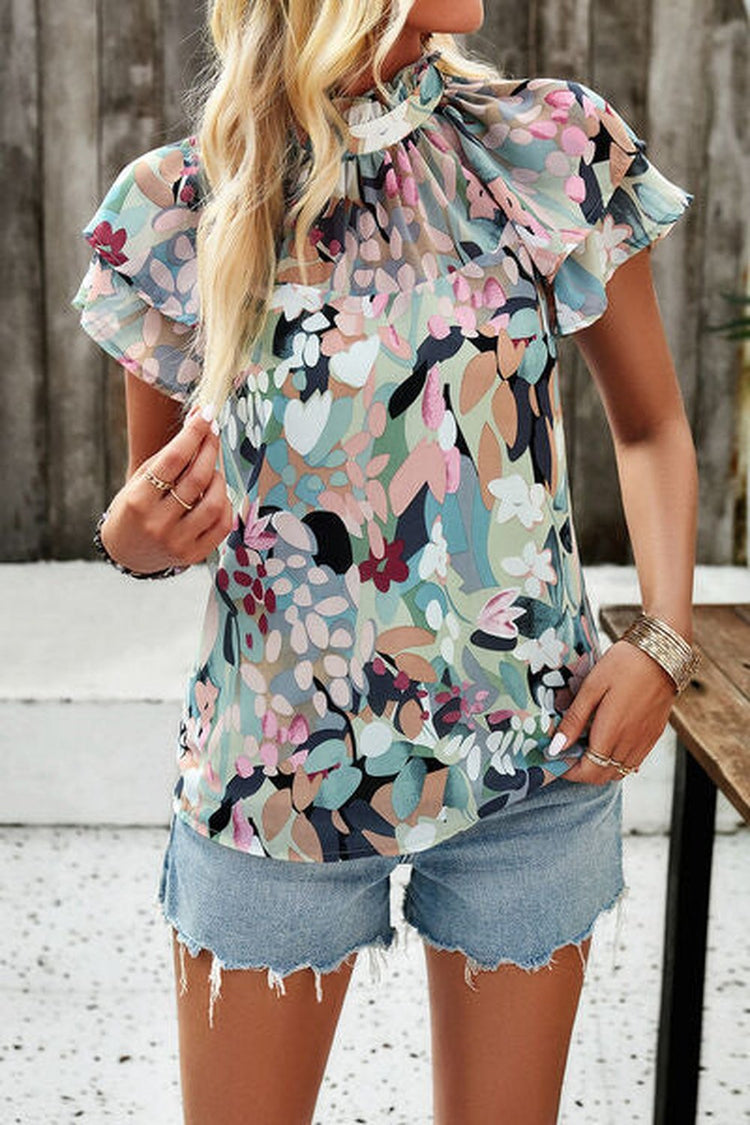 Printed Ruffled Mock Neck Blouse - Blouses - FITGGINS