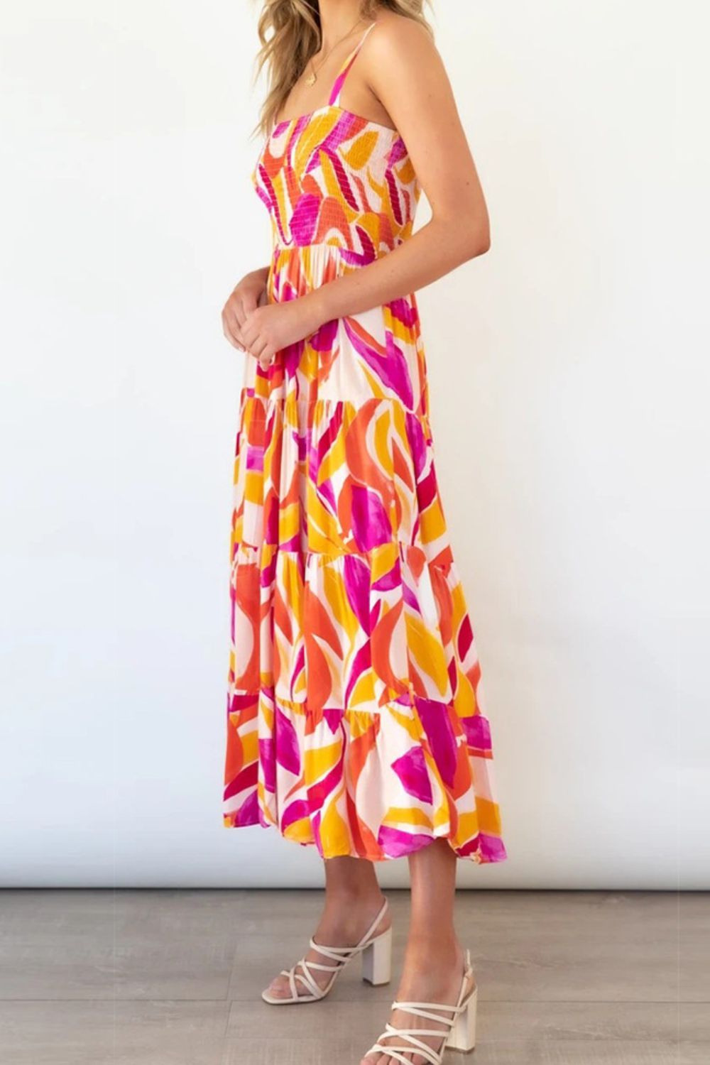 Printed Smocked Square Neck Tiered Sleeveless Dress - Casual & Maxi Dresses - FITGGINS