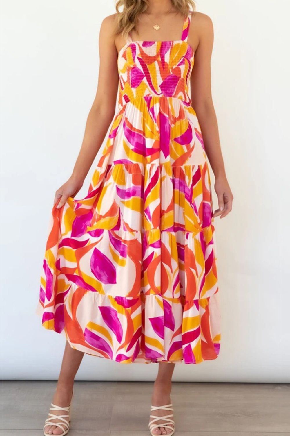 Printed Smocked Square Neck Tiered Sleeveless Dress - Casual & Maxi Dresses - FITGGINS