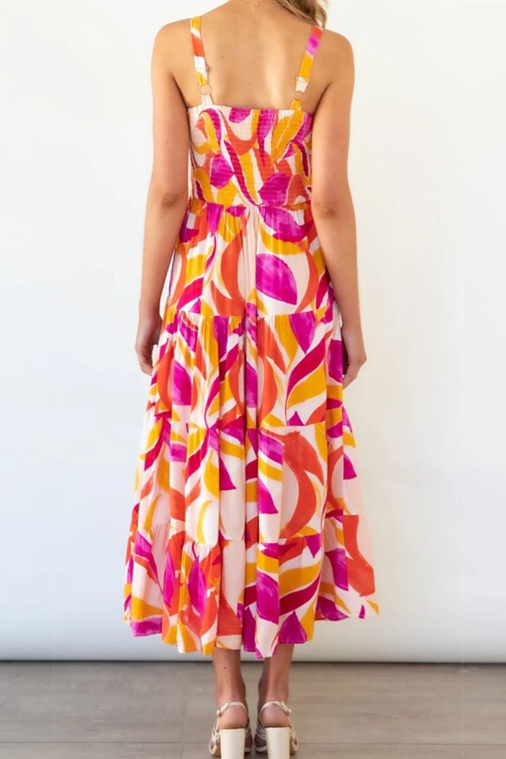 Printed Smocked Square Neck Tiered Sleeveless Dress - Casual & Maxi Dresses - FITGGINS